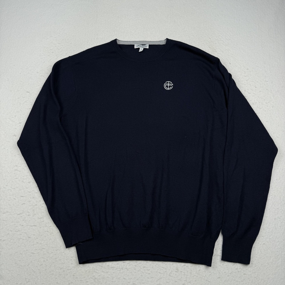 Peter Millar Sweater Mens XL Blue Merino Wool Silk Crewneck Pullover Knit Logo